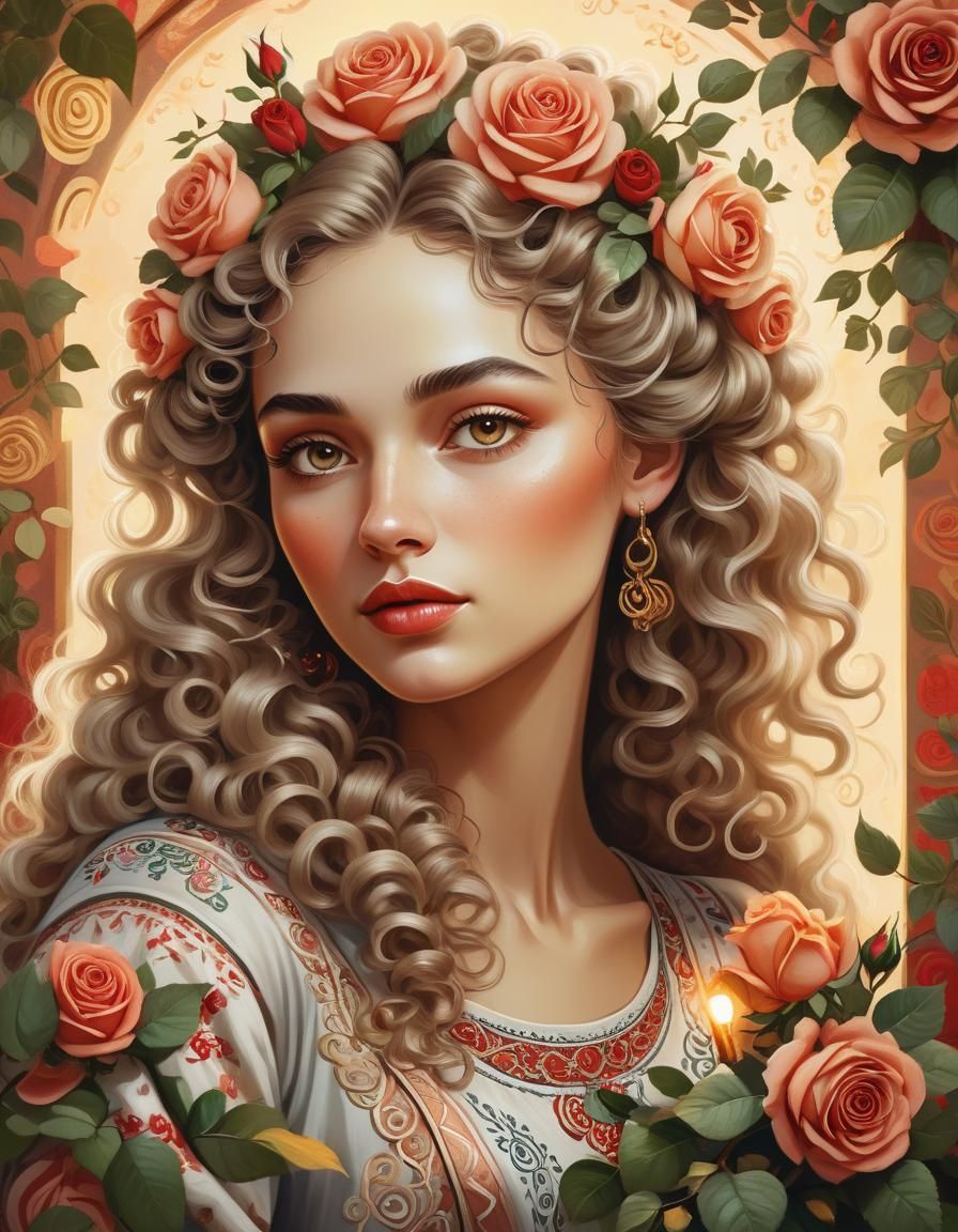 Slavic Woman Portrait in Whimsical Folk Art Style