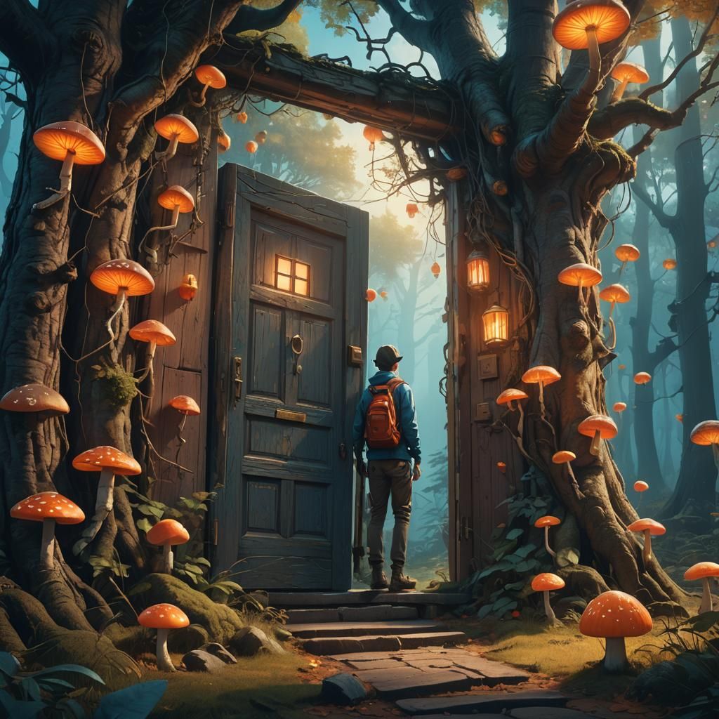 Magical World Beyond Doorway in Digital Painting