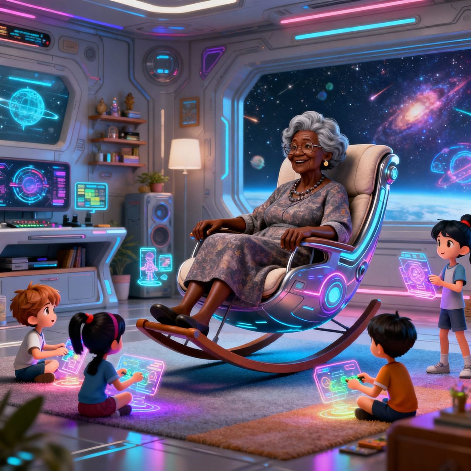 Futuristic Granny With Hologram-Playing Grandchildren