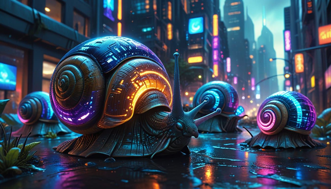 Indignant Snail Aliens in Vibrant Futuristic City