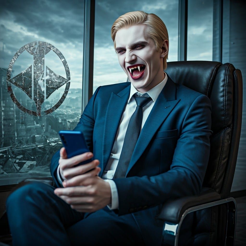 Vampire CEO Reading News in Ruined City