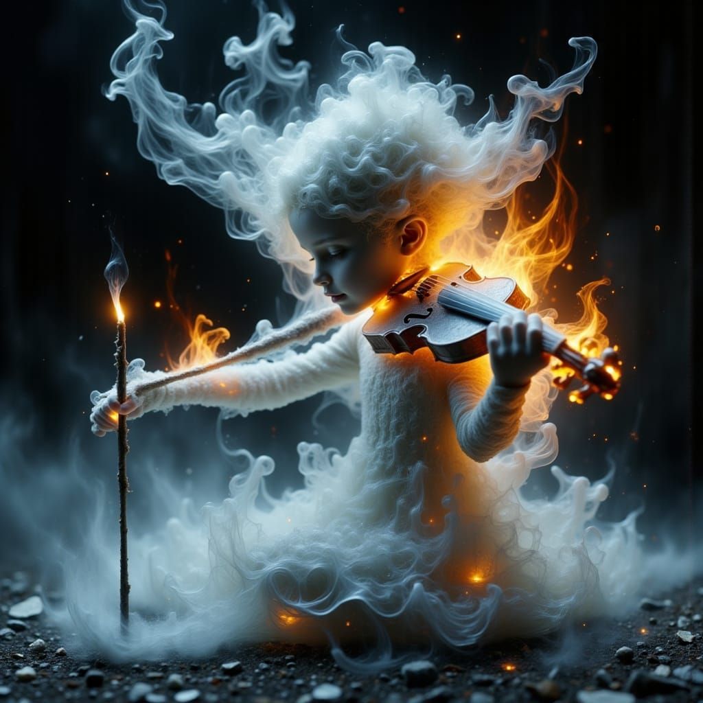 Burning Matchstick Child Plays Smoke Violin: Fantasy Art