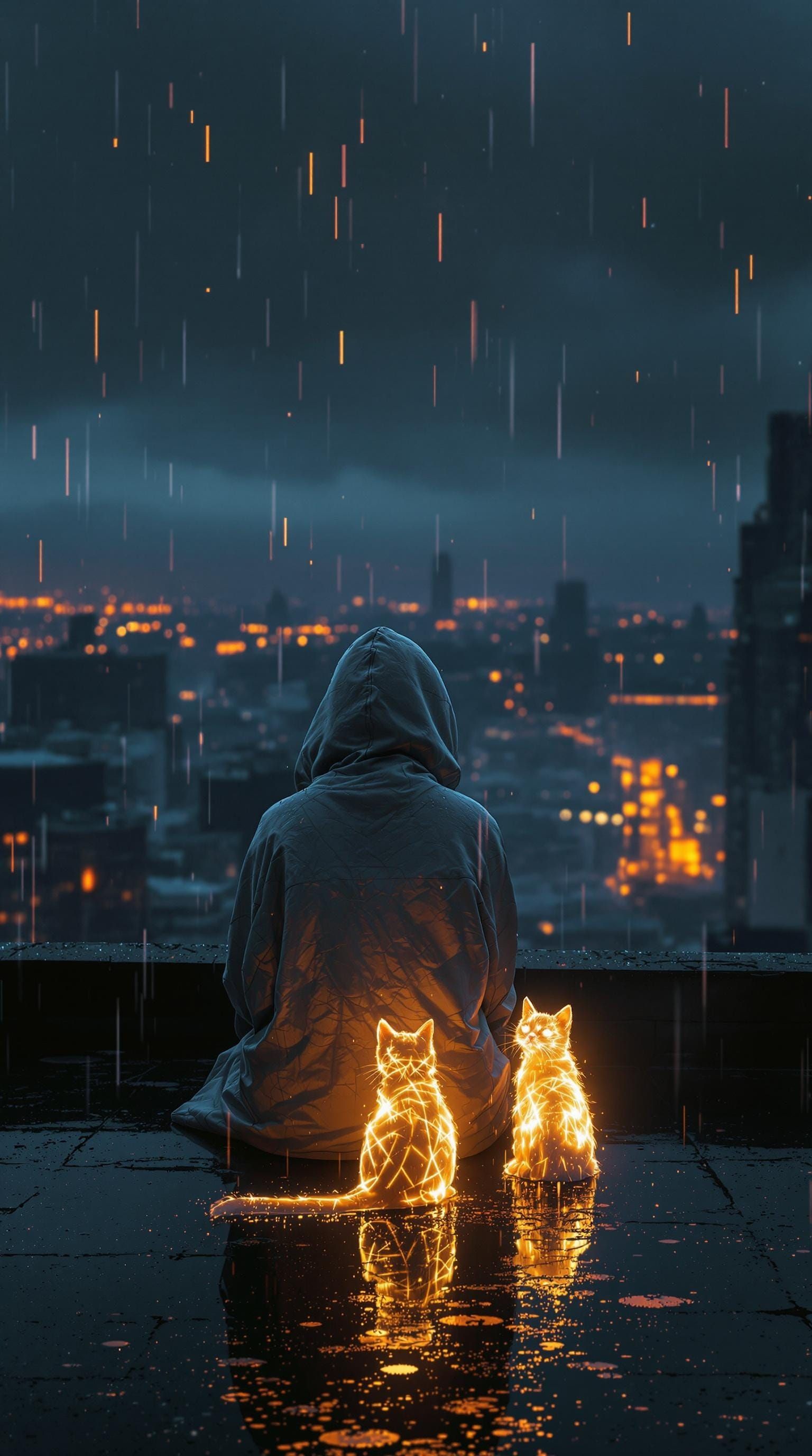 Contemplative Woman on Rainy Rooftop with Mystical Cat