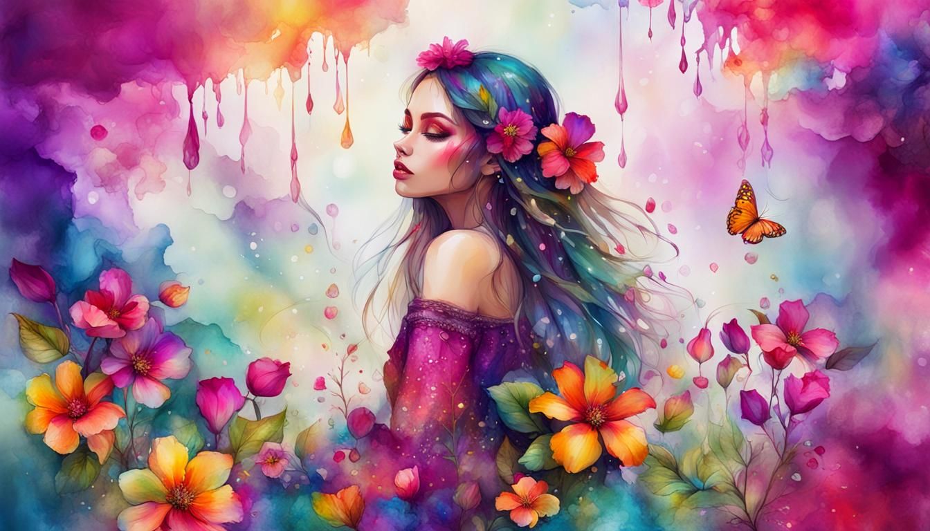 Colorful Girl with Exotic Flowers in Digital Art
