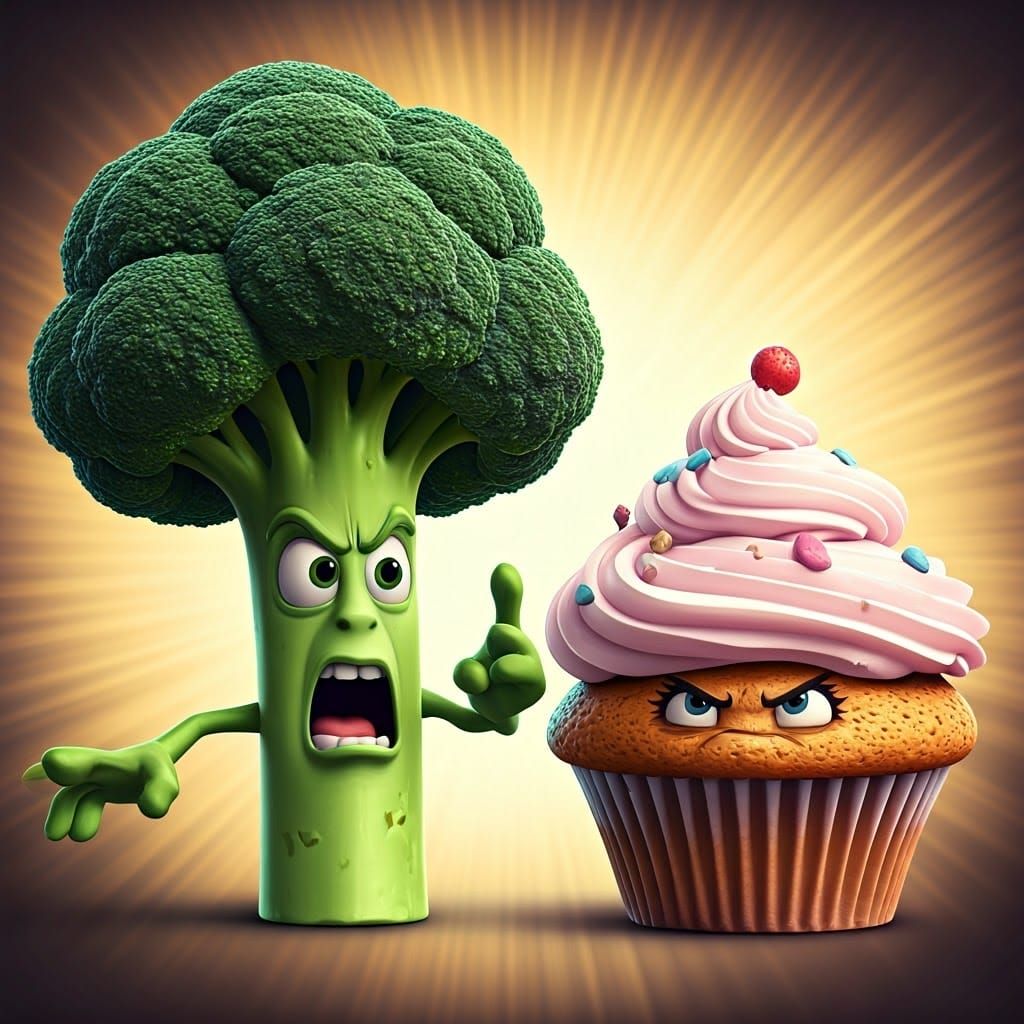 Angry Broccoli and Cupcake Clash in Vibrant Concept Art