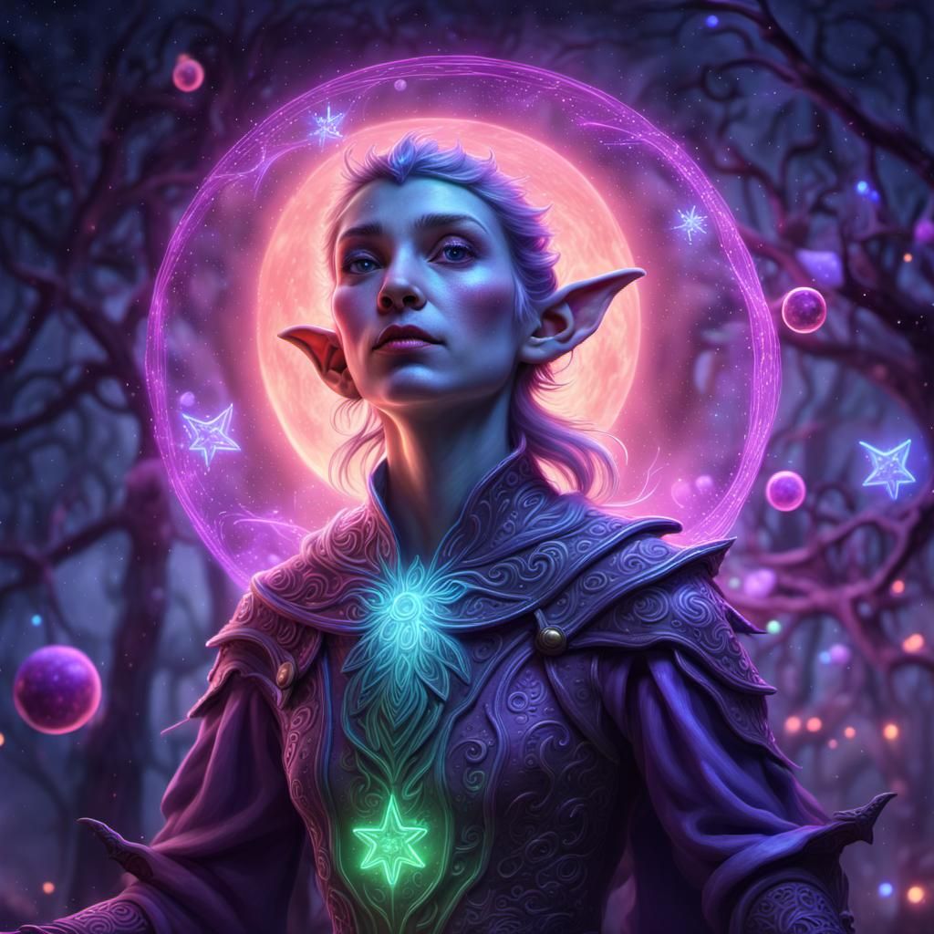 Neon Bioluminescent Christmas Elf in Mystic Setting