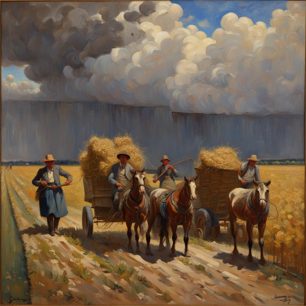 Harvesters Before the Storm: Oil on Canvas