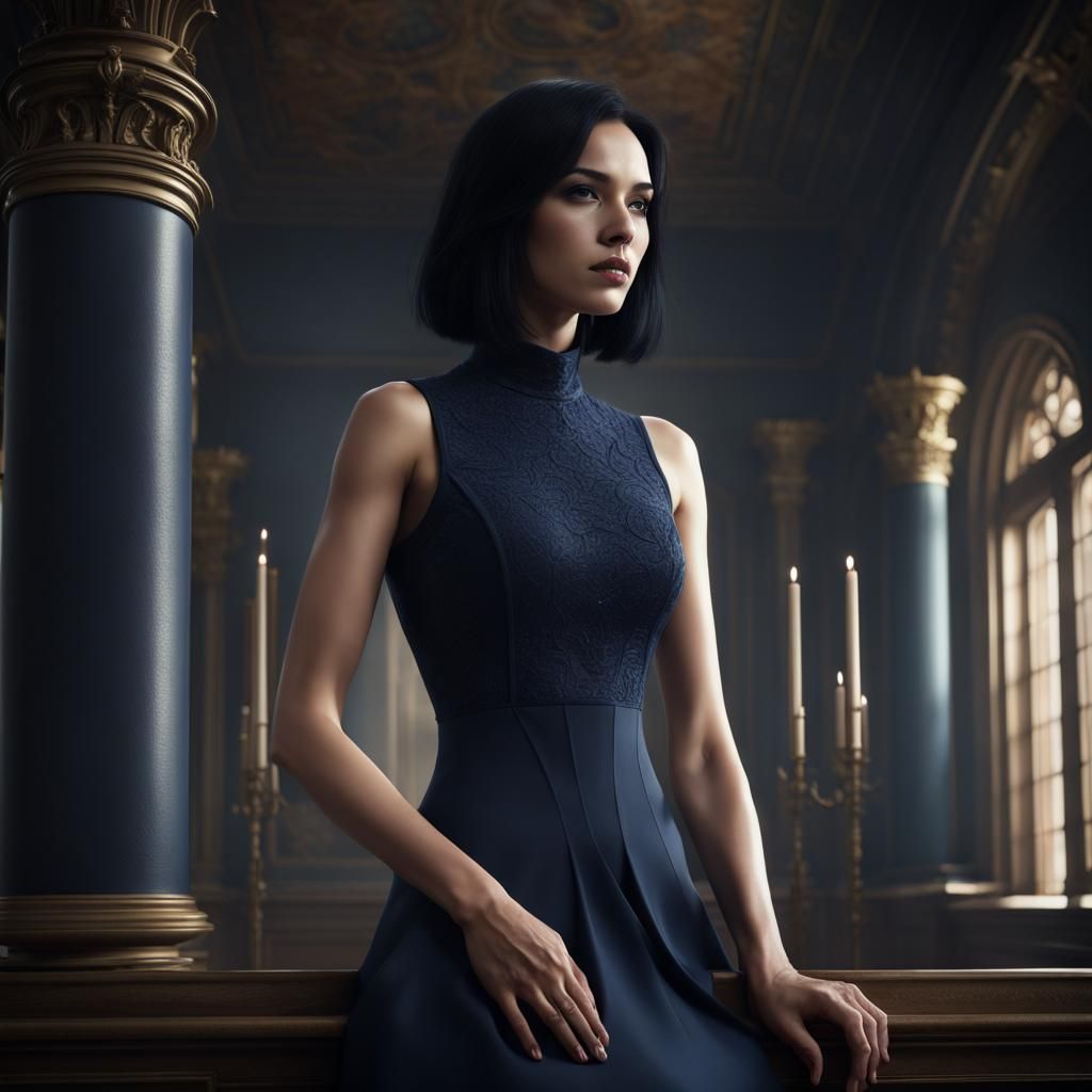 Gloomy Matte Painting of a Woman in Navy Dress