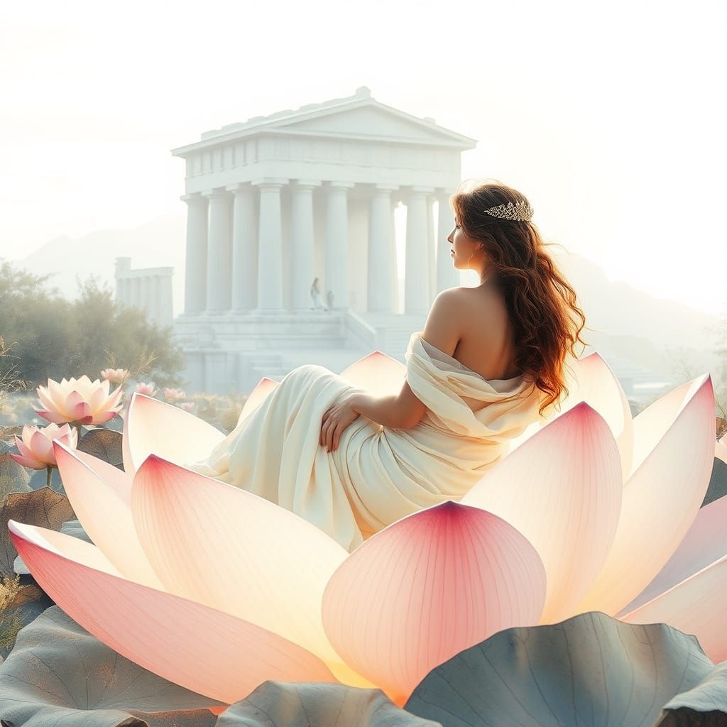 Aphrodite on Lotus Flower in Pastel Watercolor