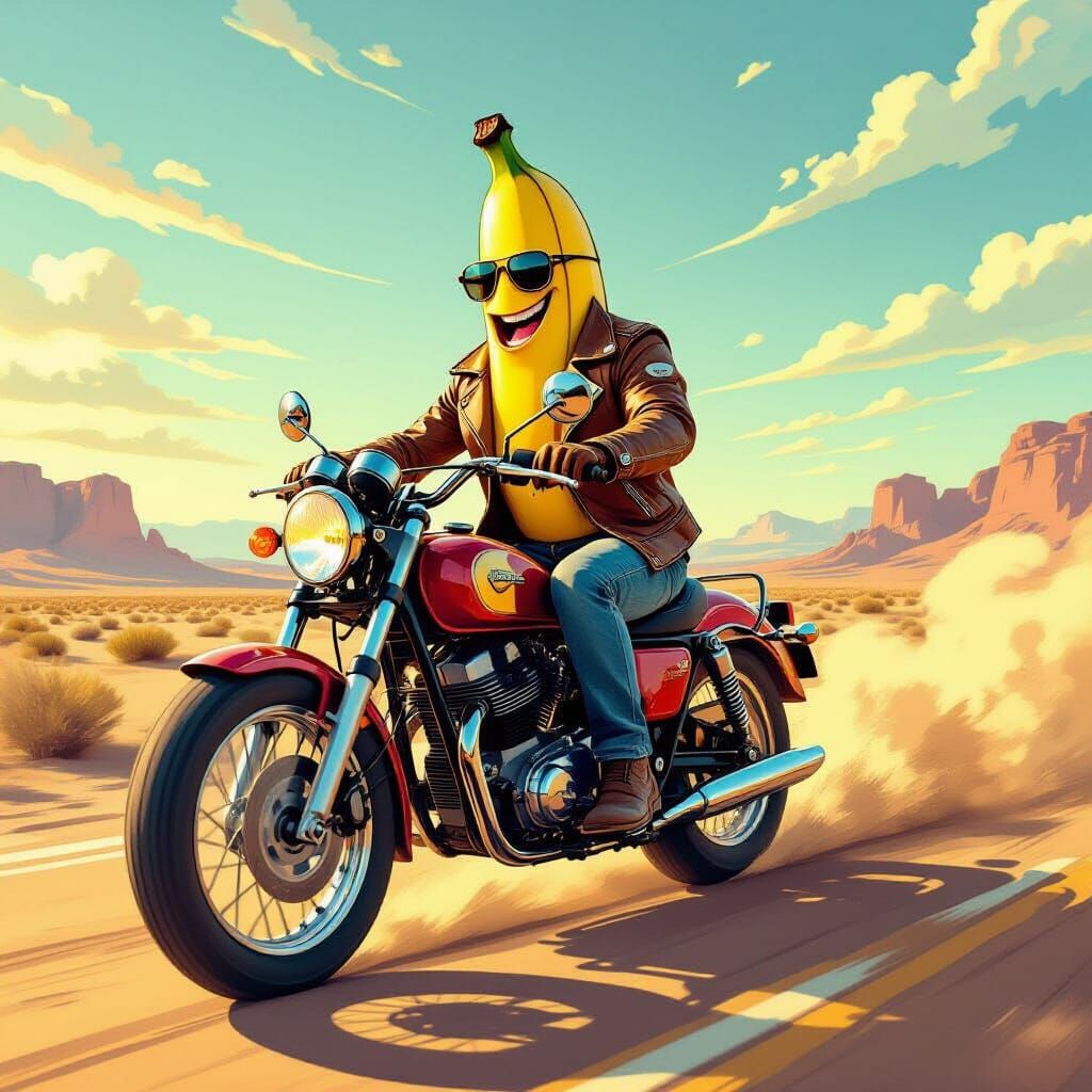 Banana Biker on Desert Highway in Comic Book Style