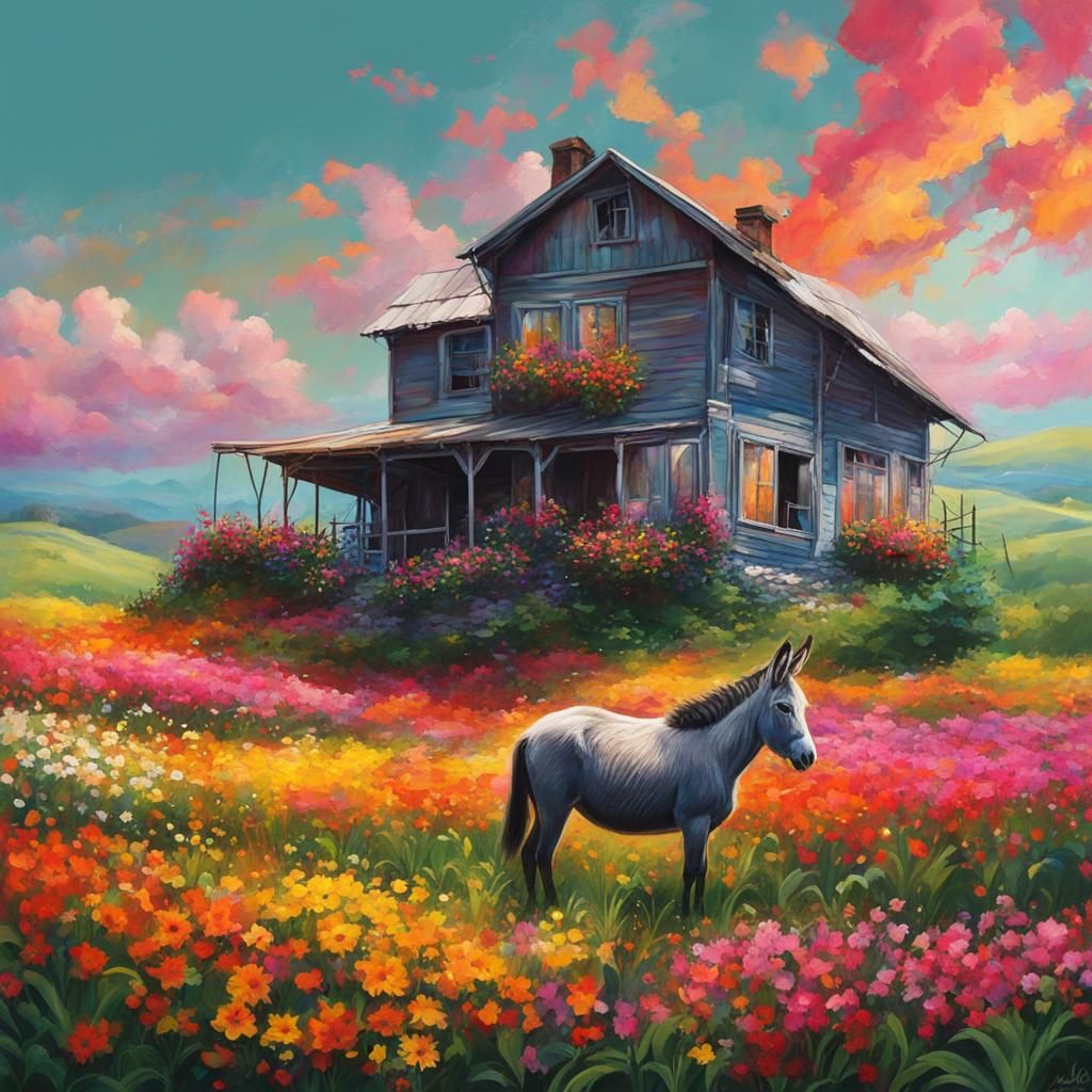 Farmhouse with Donkey in Graffiti Art Style