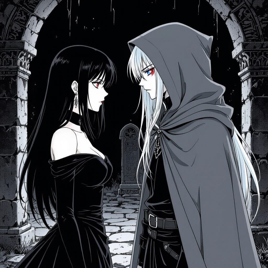 Manga Tomb Confrontation: Woman vs Man with White Hair