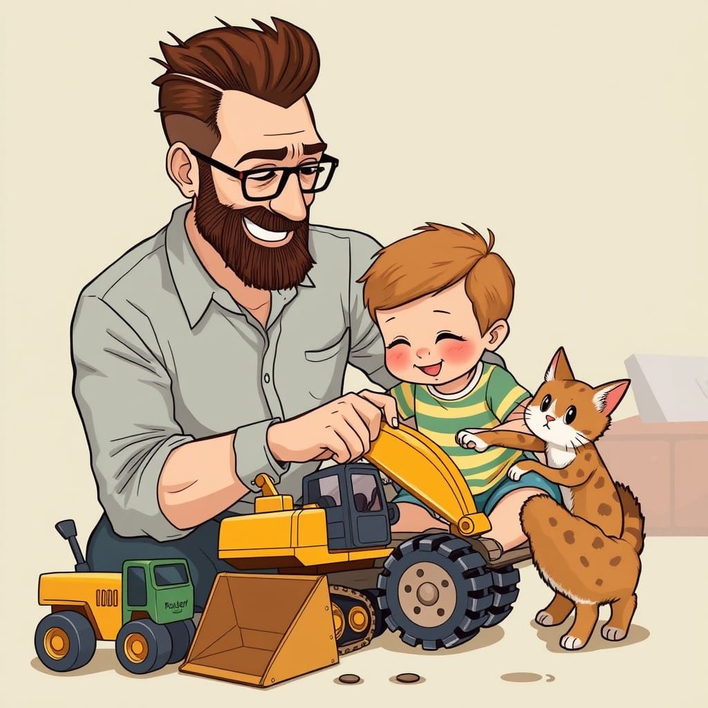 Dad and Son Playtime with Kitten