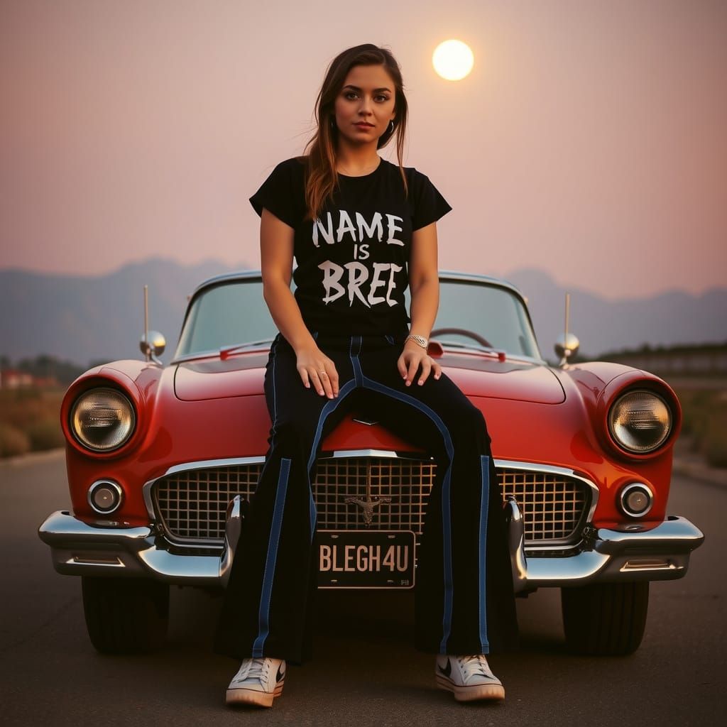Young Woman on Classic Car Under Moonlight
