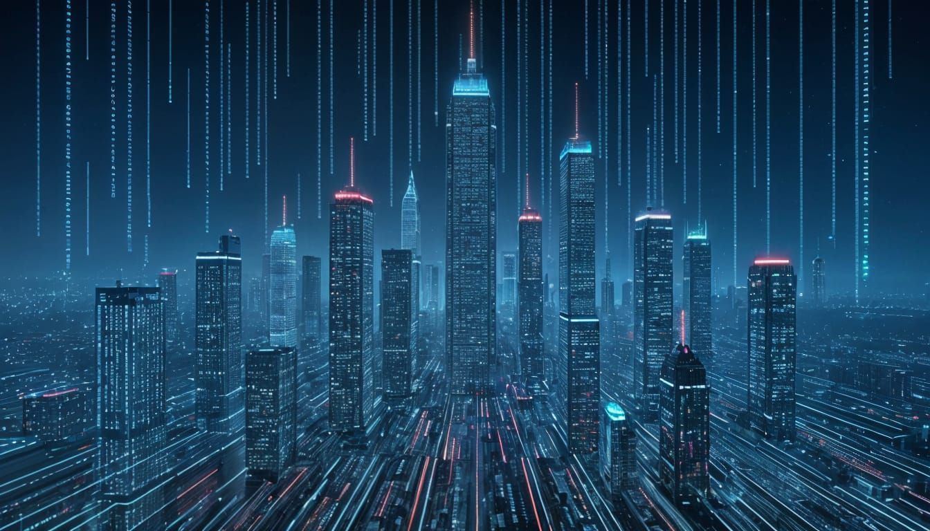 Digital Cityscape of Glowing Binary Code and Data Streams