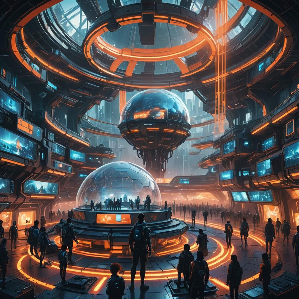 Futuristic Gamers in Cyberpunk VR Stadium