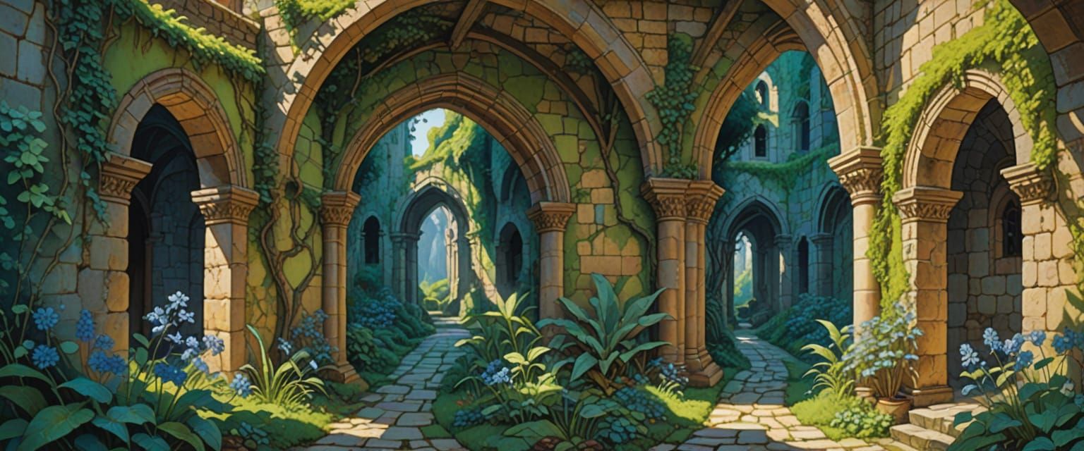 Monastery Passageway in Whimsical Fantasy Art Style