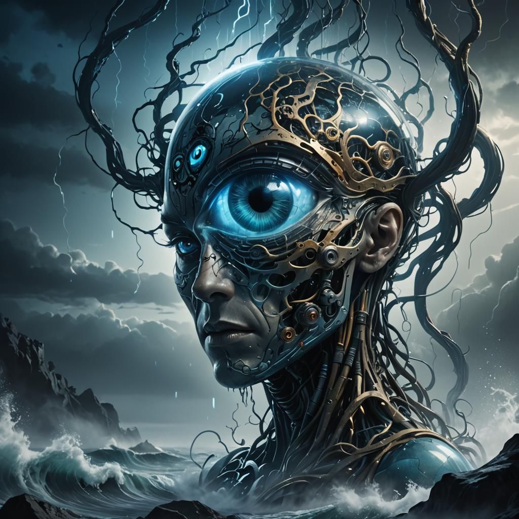 Biomechanical Sci-Fi Glass Brain in Moody Lighting