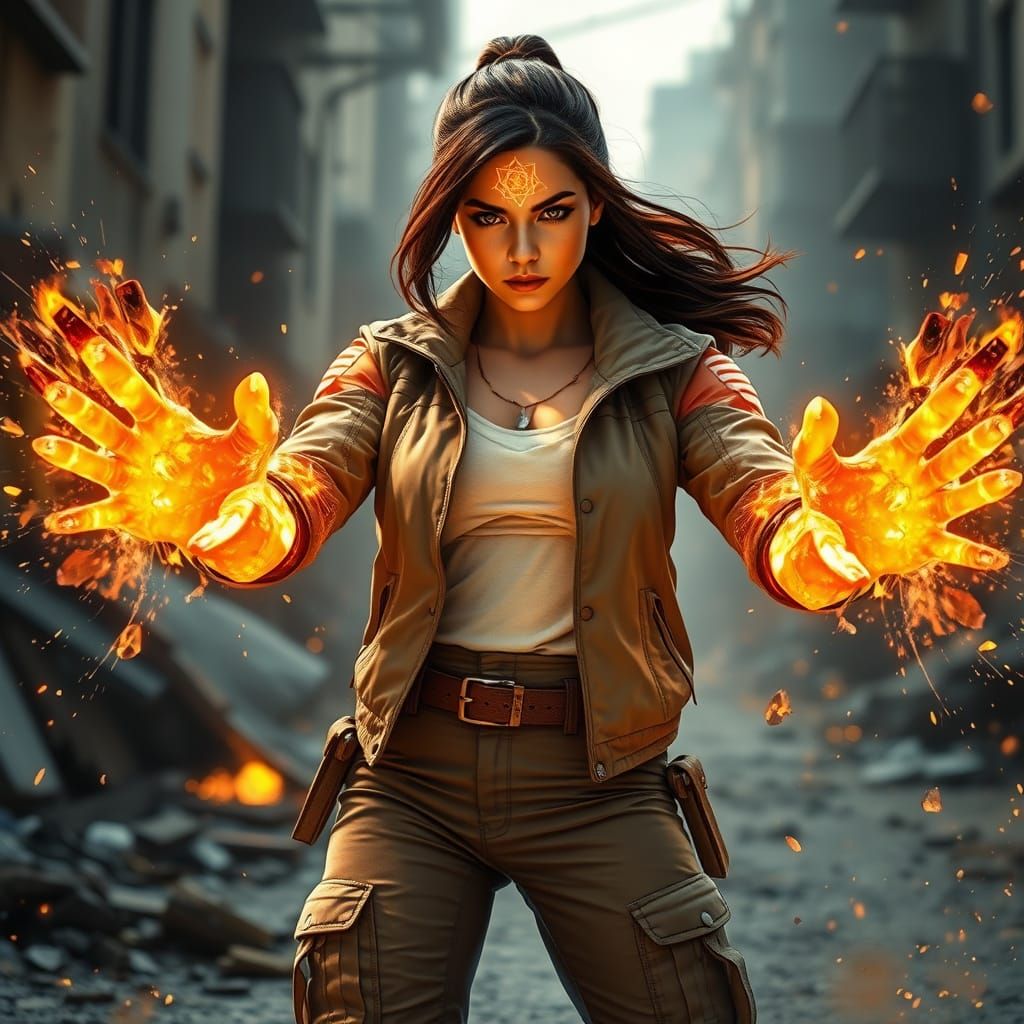 Surreal Heroine Unleashes Radiant Energy Blast in a Futurist...