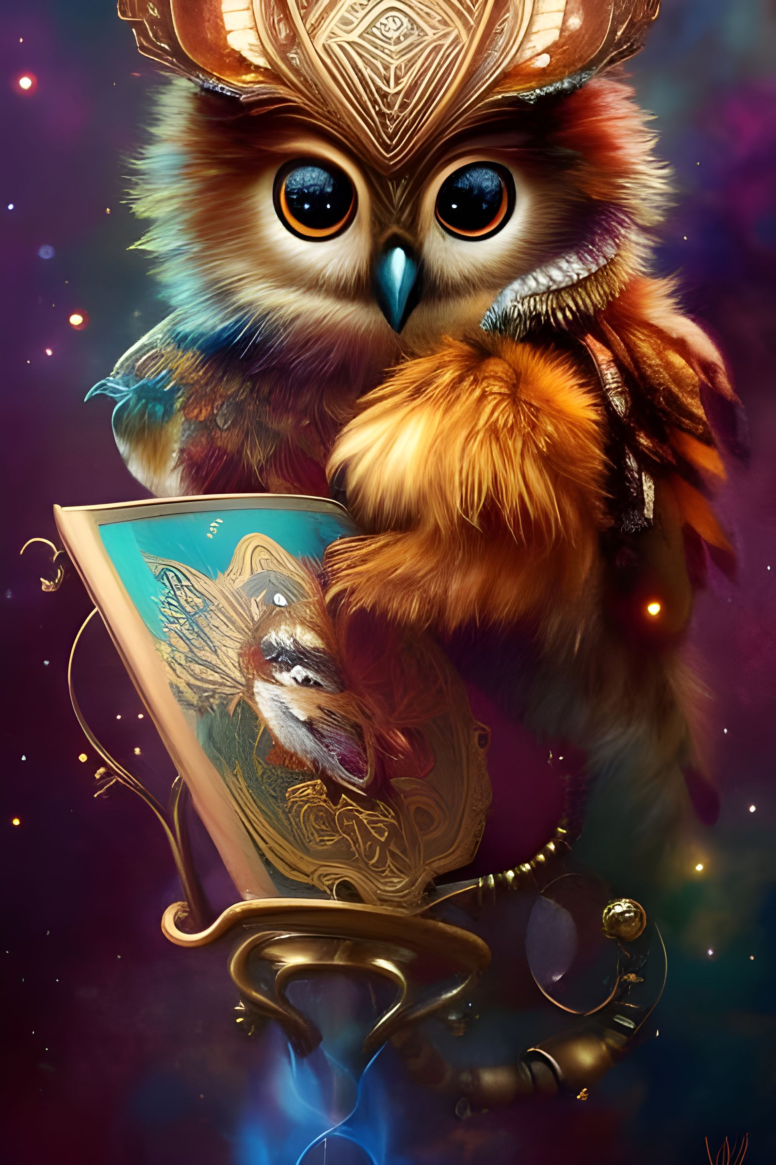 Steampunk Owl Bear Cub in Fantasy Forest