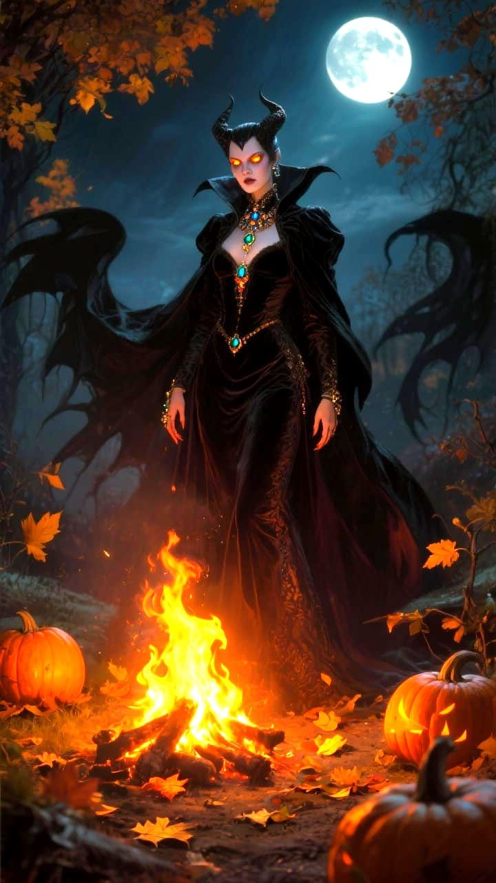 Vampire Queen Under Harvest Moon in Autumn Night