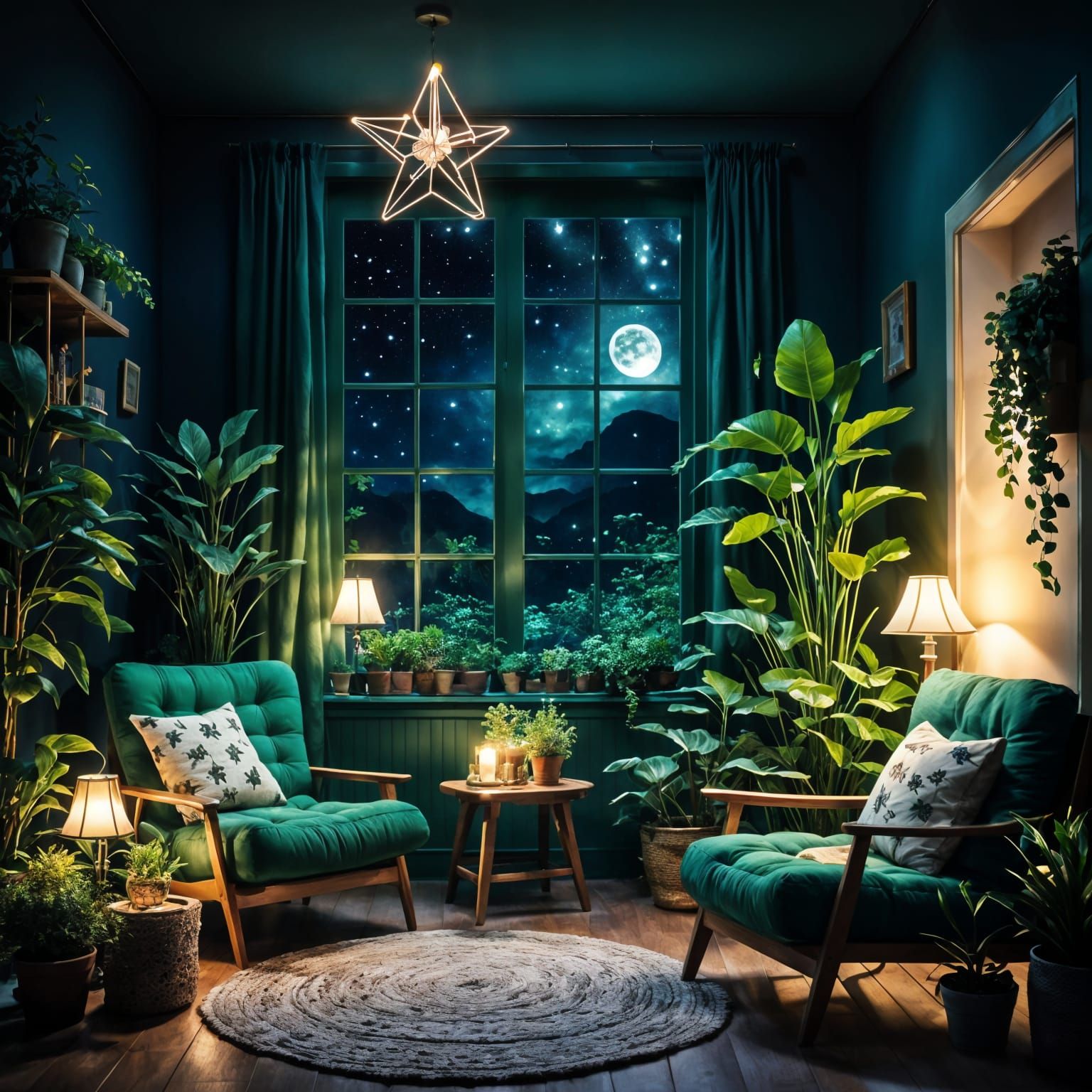 Cozy Midnight Room with Stars and Lamplight