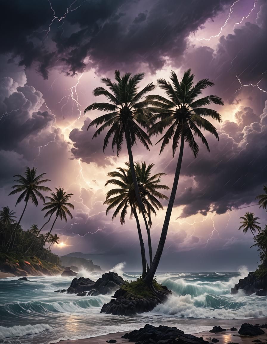 Stormy Ocean Coast with Palms in Romanticism Style