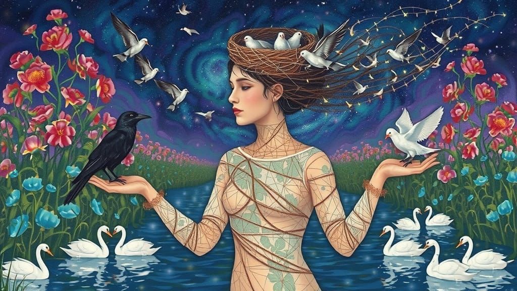 Ethereal Woman Transforms into Birds Amidst Cosmic Energy