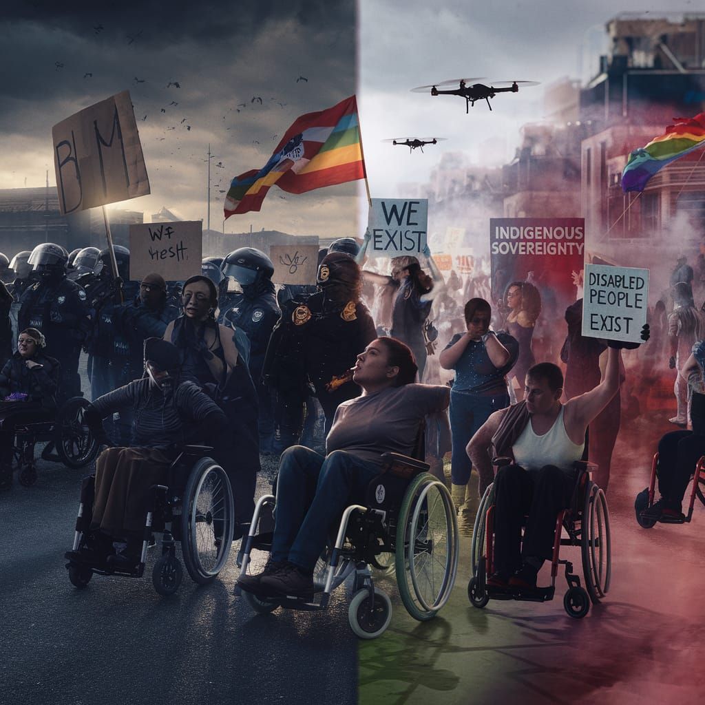 Dystopian Protest Scene: Shadowy Activists Resist Rising Nat...