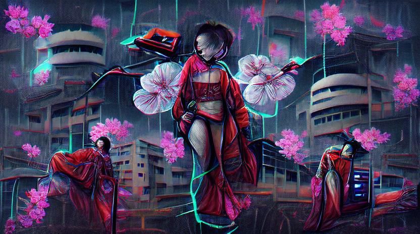 Cyberpunk Geisha with Lotus and Cherry Blossoms