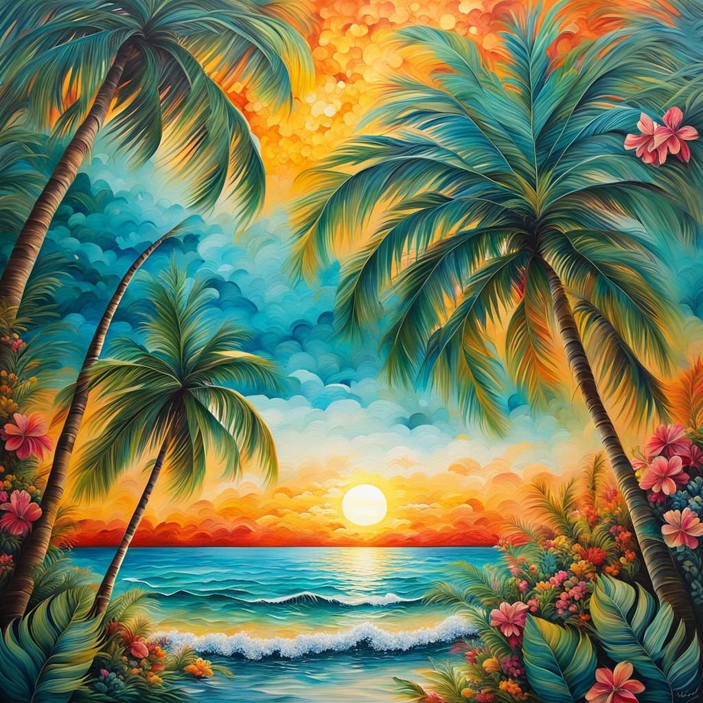 Tropical Beach Paradise in Oil, Watercolor and Ink