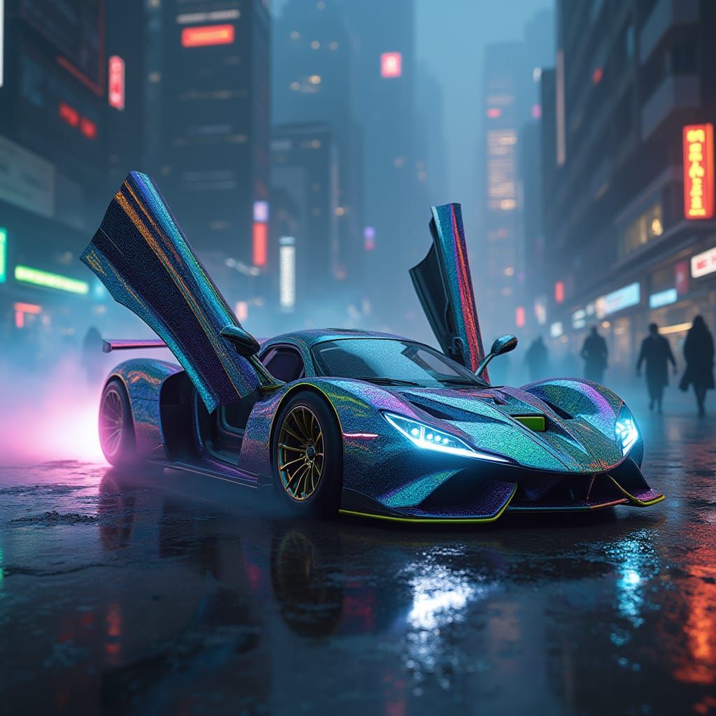 Sleek, Futuristic Car Concept in Neon-Lit Cityscape