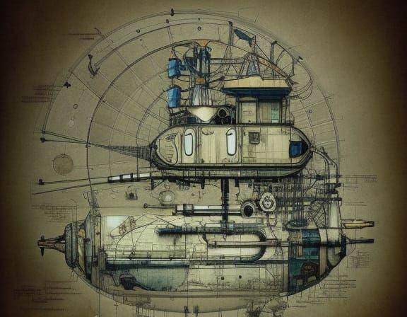 Steampunk Submarine Schematic Diagram in Photorealistic Styl...