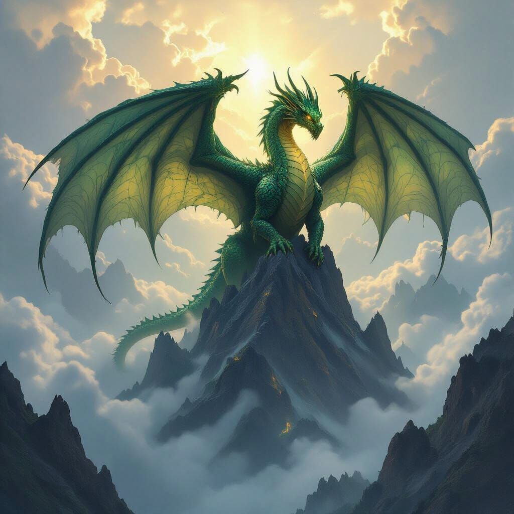 Giant Emerald Dragon on Mountain Peak