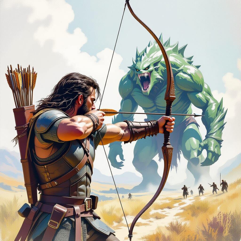 Archer Aims at Colossal Creature in Watercolor Style