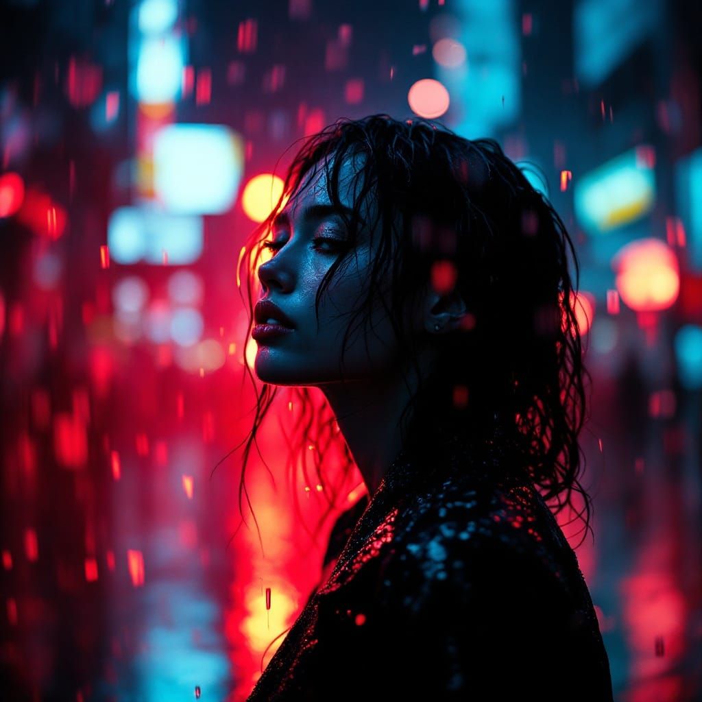 Rainy City Portrait in Moody Neon Hues