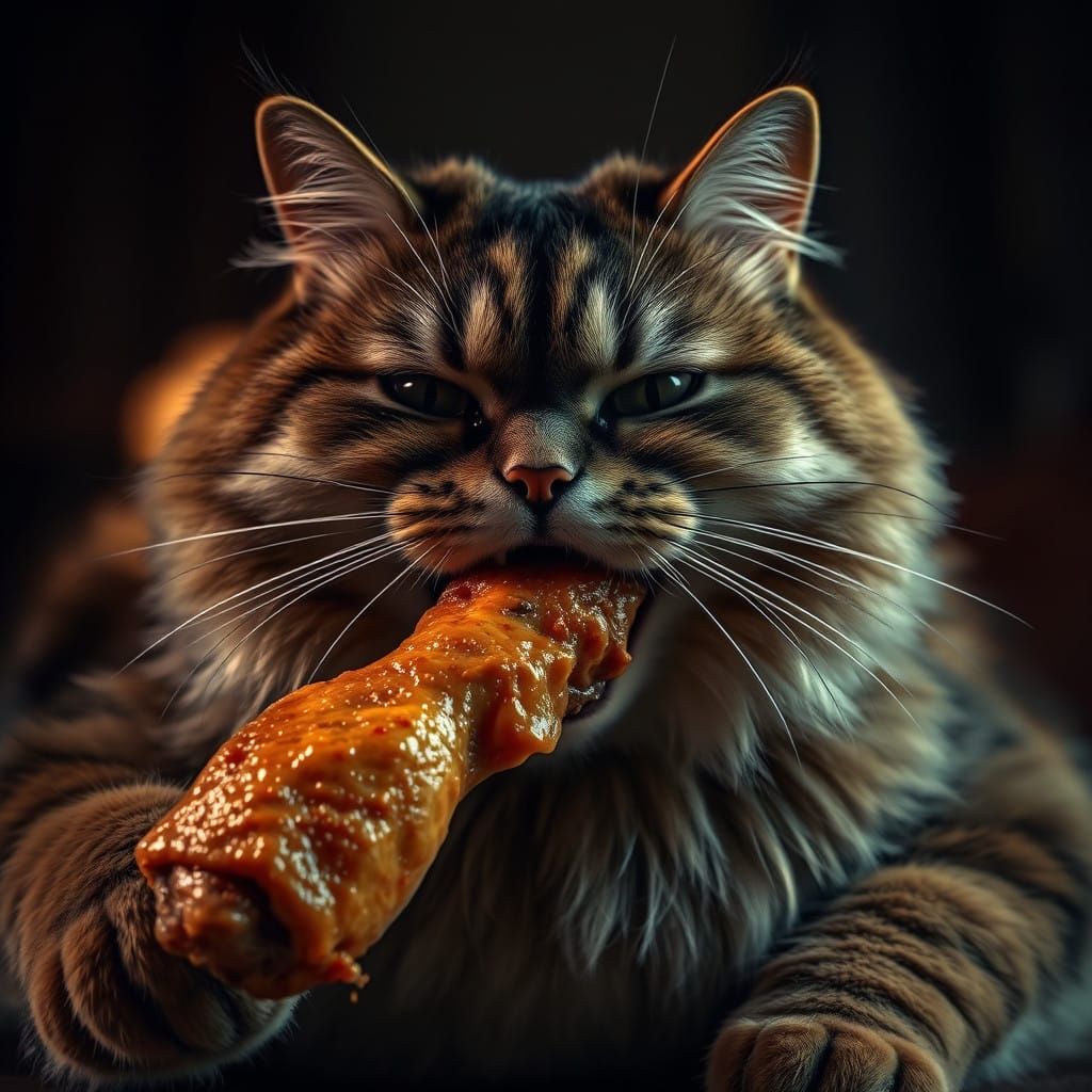 Regal Feline Indulges in a Darkly Lit Snack in a Hyperrealis...