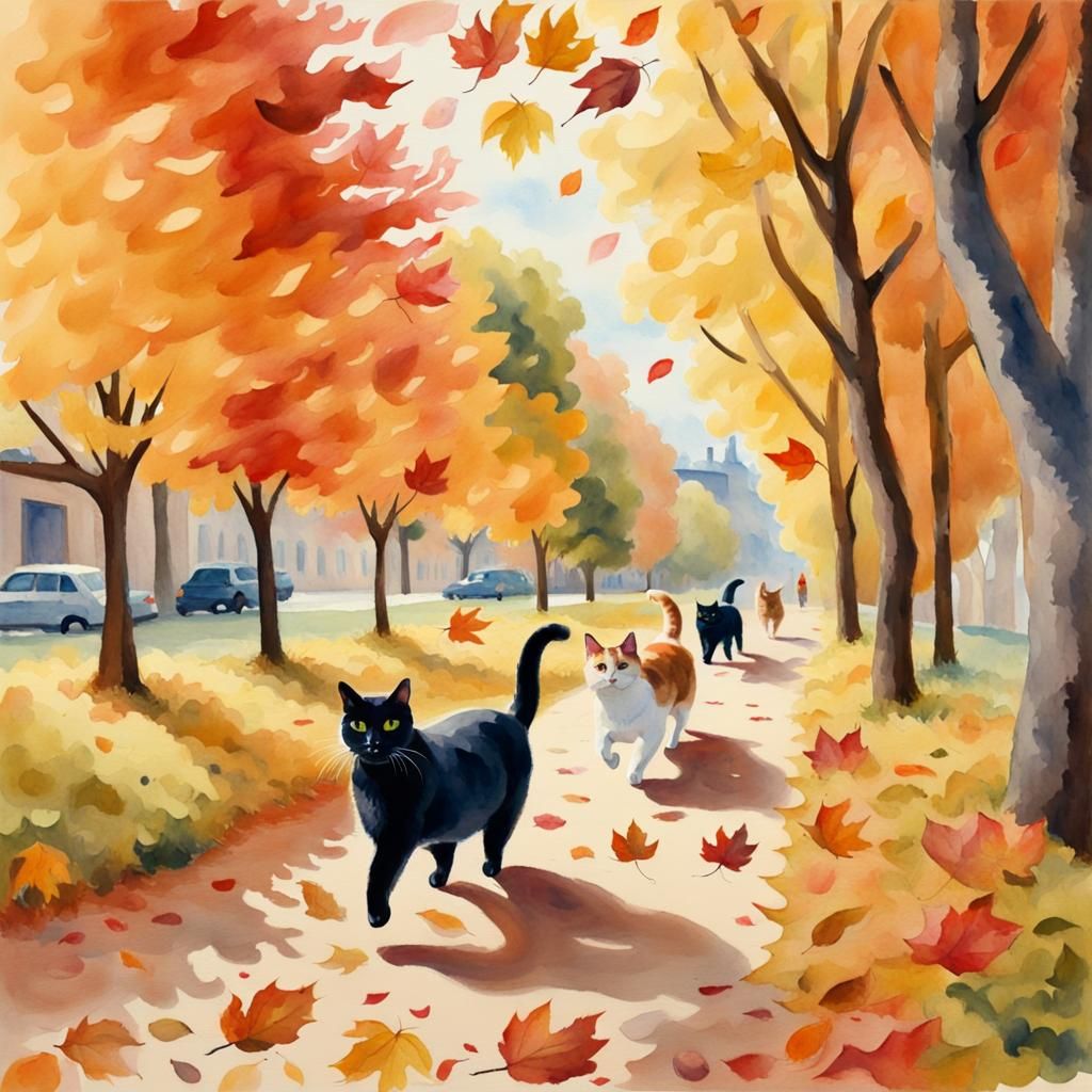Autumn Cats Play: Watercolour Gouache Impressionist Painting