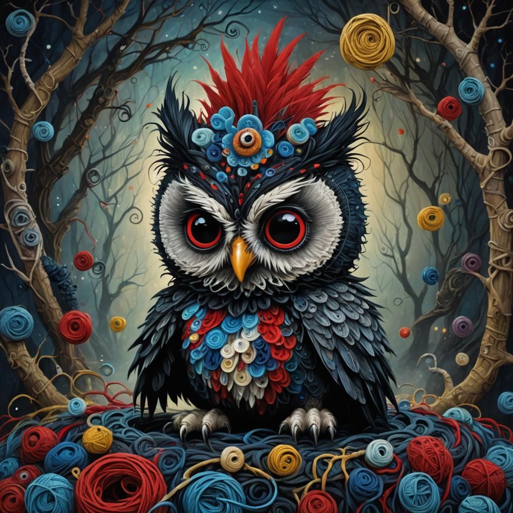 Surreal Baby Owl with Mohawk in Burton Style