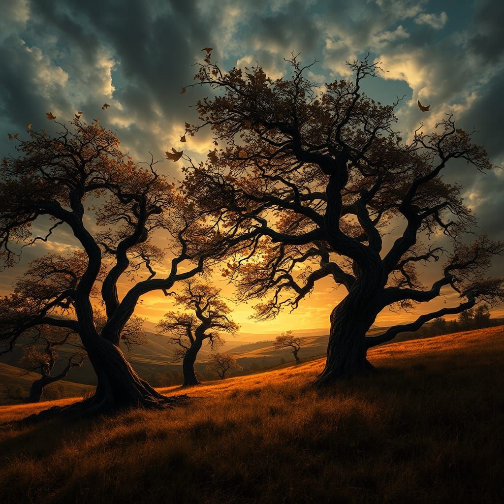 Turbulent Evening Landscape with Twisted Trees