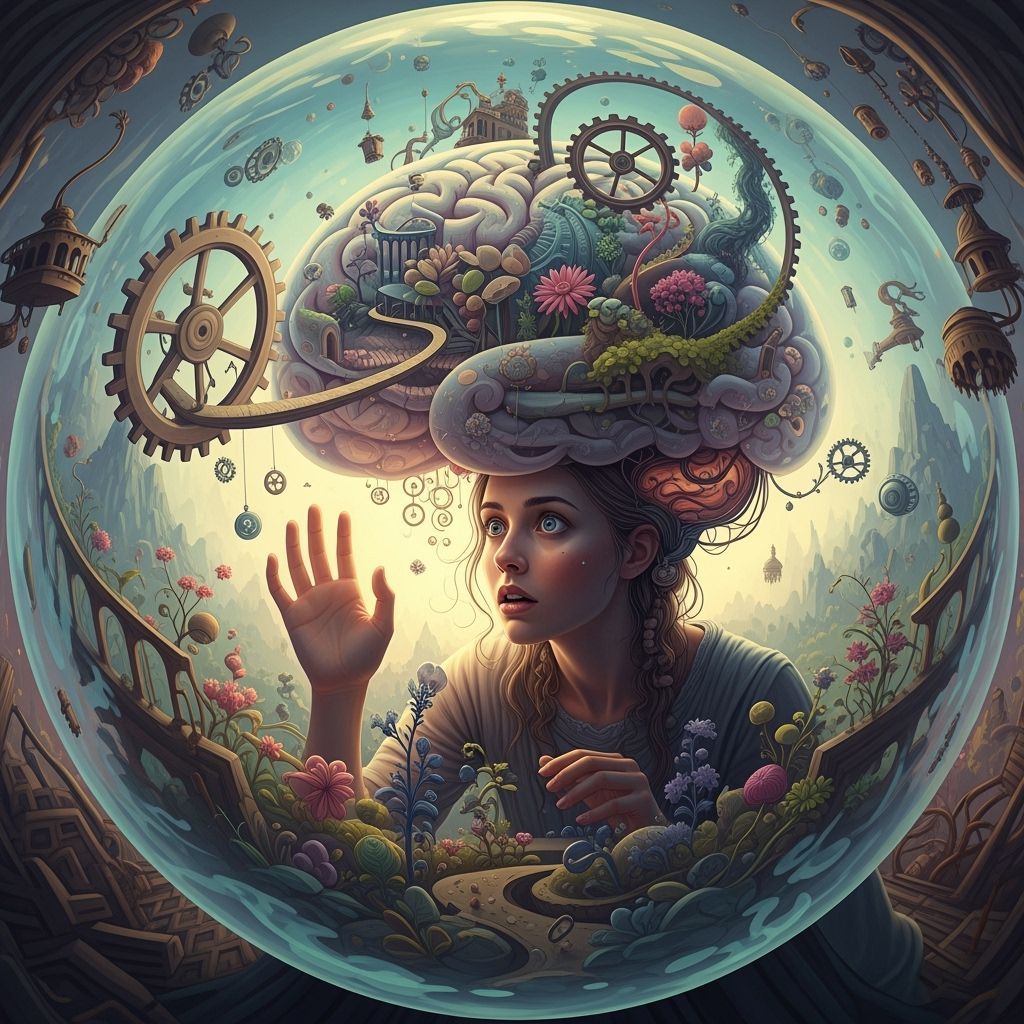 Woman Explores Surreal Mindscape in Bubble Sphere
