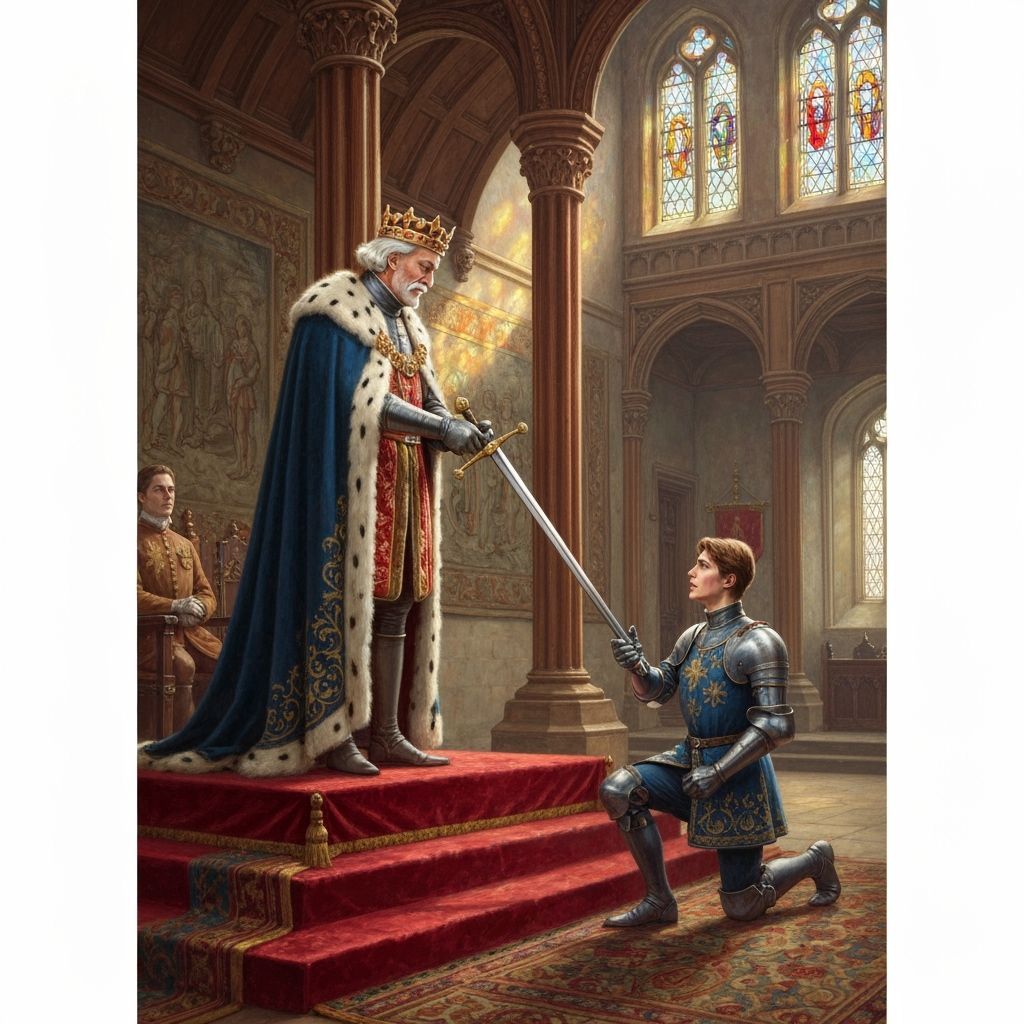 King Bestows Sword to Knight, Golden Age Illustration