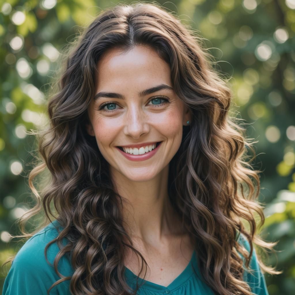 Smiling Woman with Wavy Hair in Teal Top