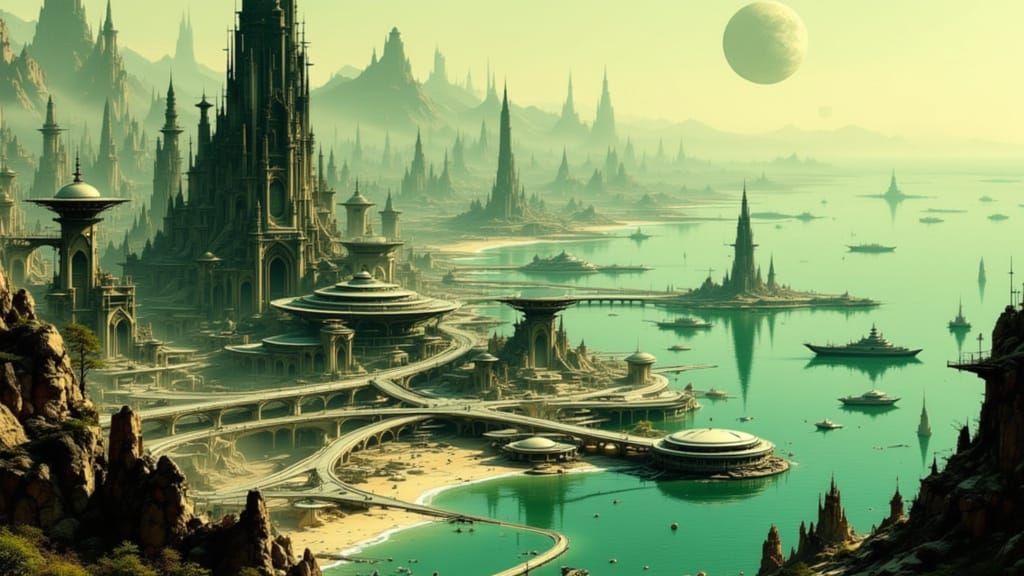 Noir Alien Metropolis with Giant Ships and Two Moons