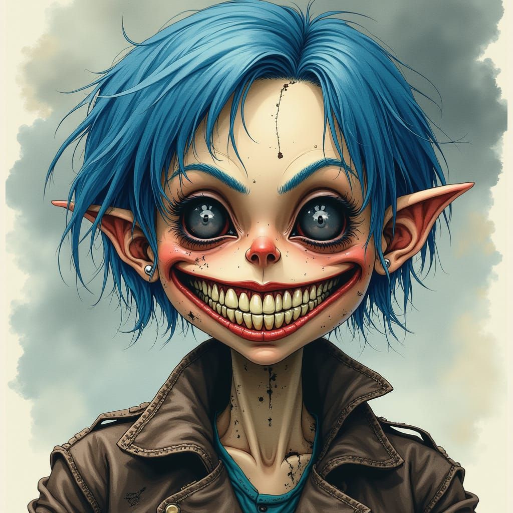 Haunting Vintage Creepy Head in Cyberpunk Backdrop