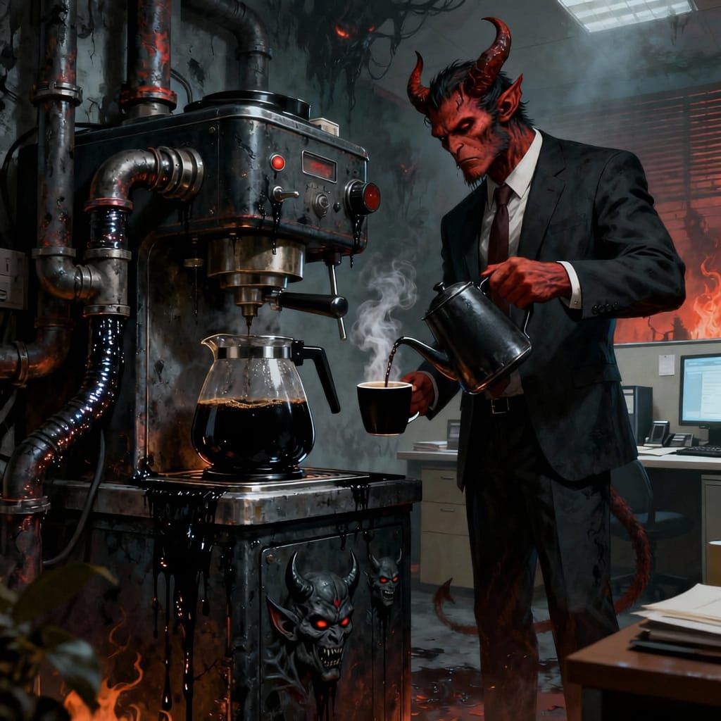 Demonic Coffee Machine in Hellish Office Breakroom