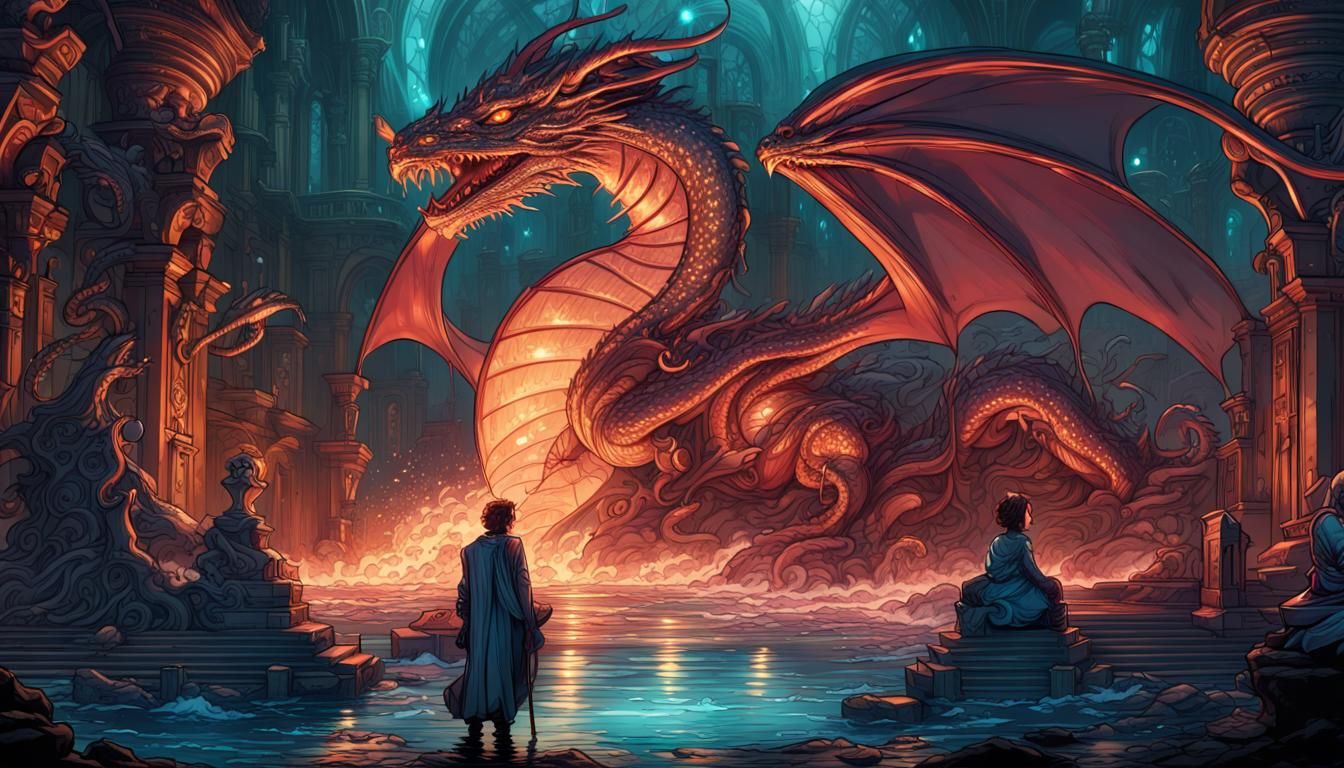 Pearlescent Dragon in Bubbles, Dark Fantasy Art