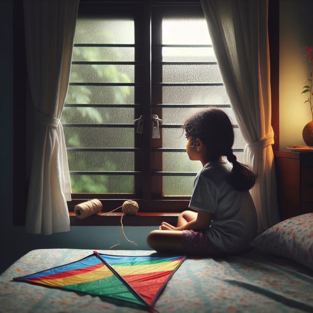 Girl Gazing at Rainstorm with Kite