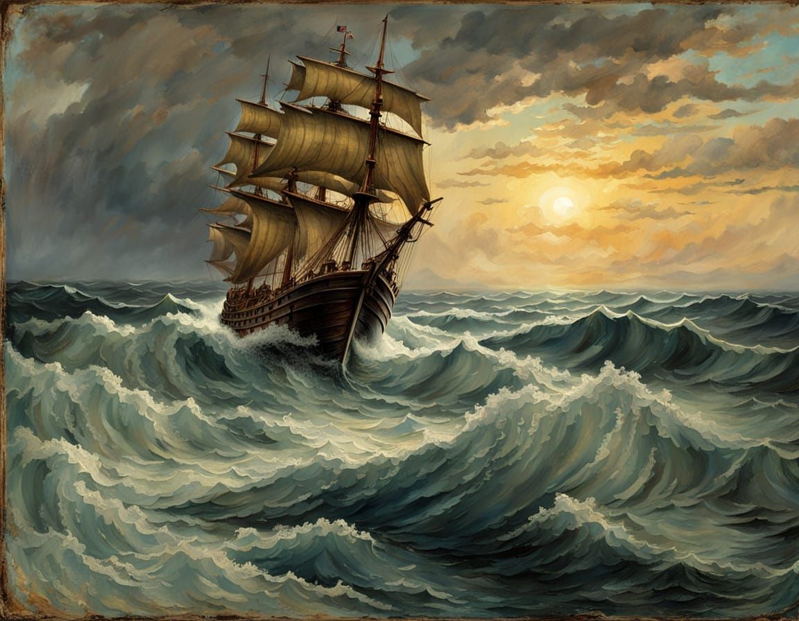 Vintage Sailing Ship in Turbulent Sea
