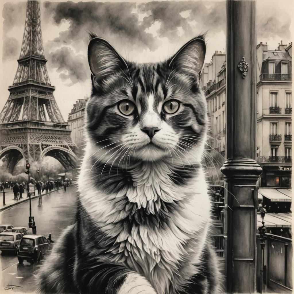 Calico Cat in Paris: Hyperdetailed Charcoal Drawing